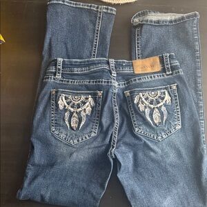 Shyanne Women's Dark Blue Boot Cut Jeans with White Embroidery